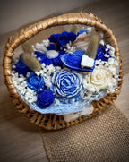 Panier de fondants Chat bleu – vue de côté avec étiquette – Flamme & parfums