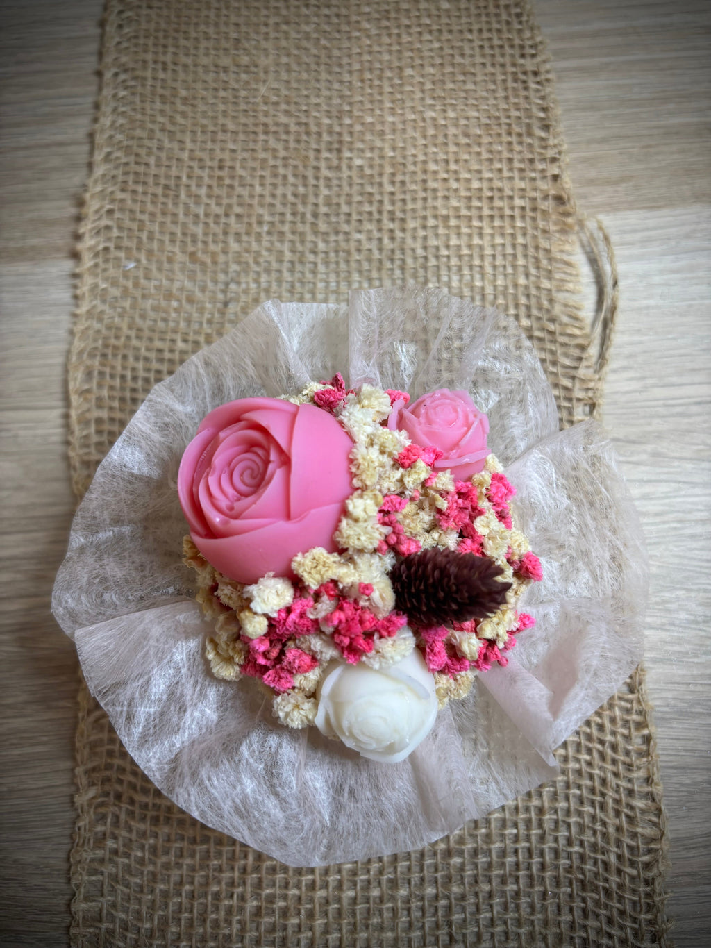 Bouquet de fondants Rose Vanillée rose et blanc vue de dessus Flamme & parfums